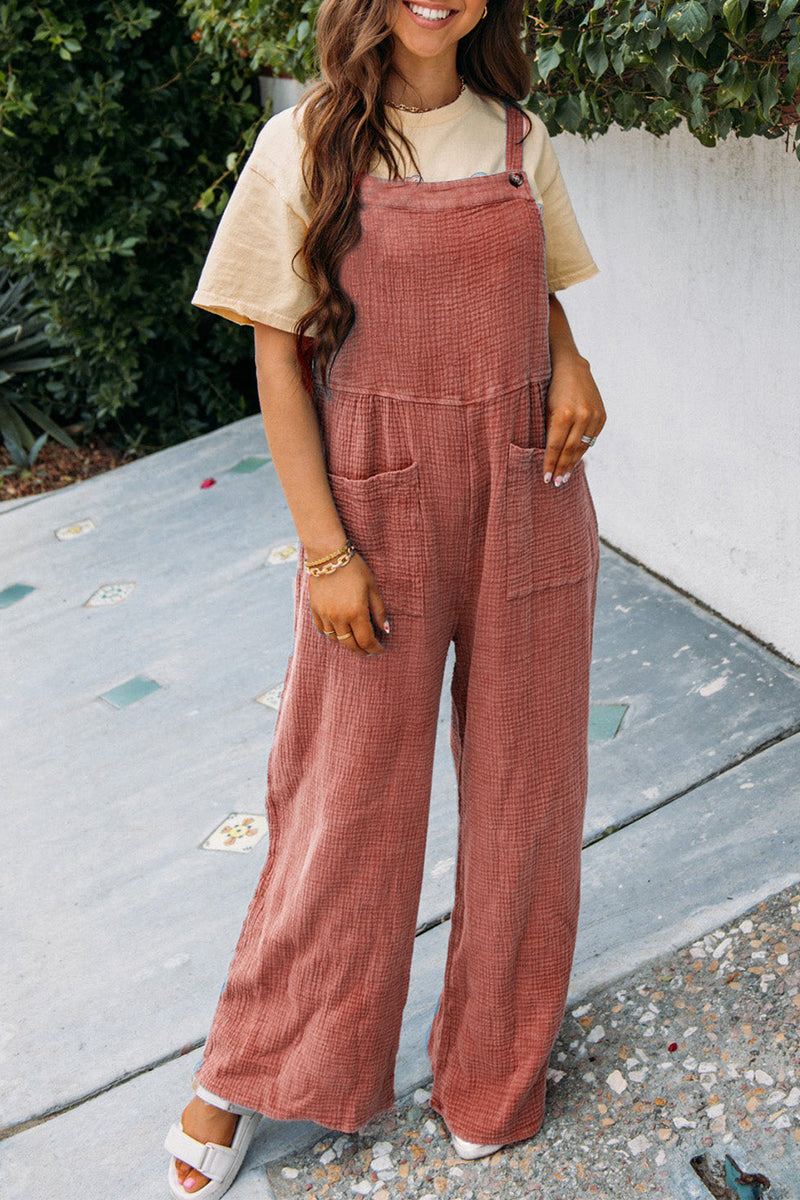 Daily Pocket Fold Square Collar Loose Jumpsuits(3 Colors)