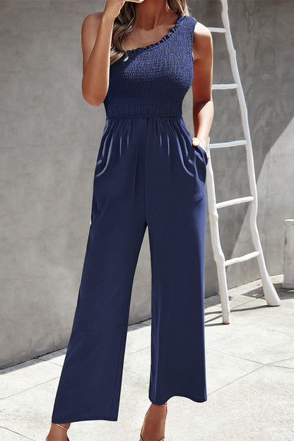 Print Patchwork Pocket Oblique Collar Loose Jumpsuits