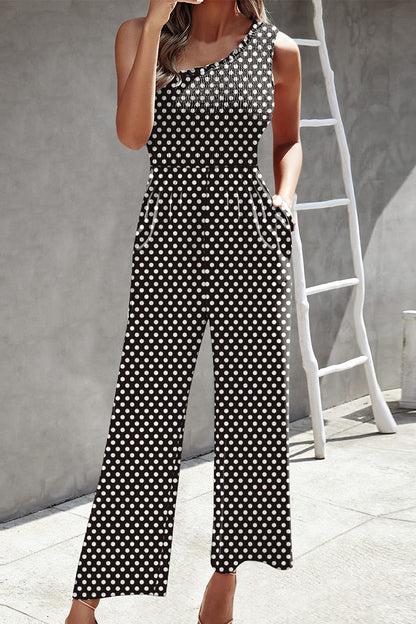 Print Patchwork Pocket Oblique Collar Loose Jumpsuits