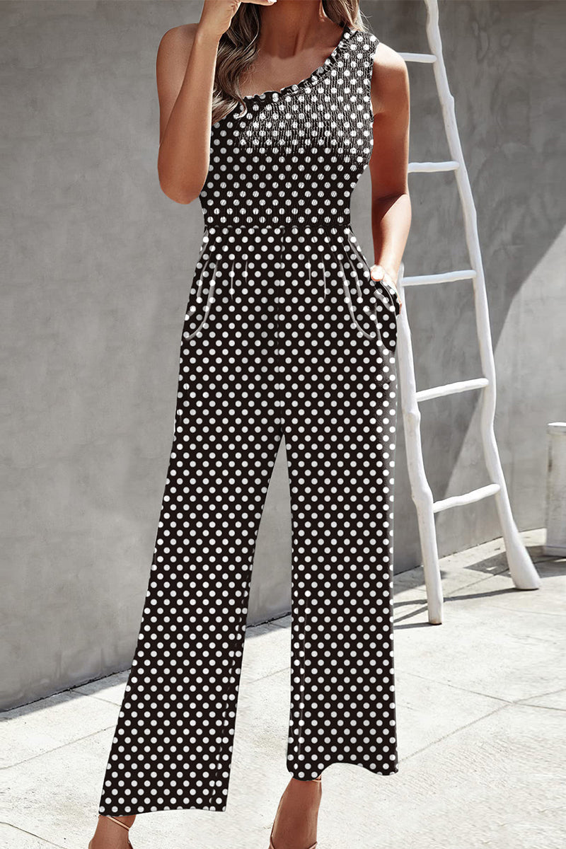 Print Patchwork Pocket Oblique Collar Loose Jumpsuits