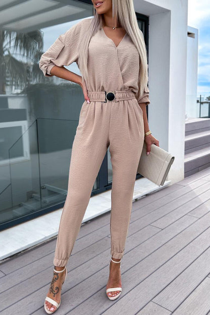 Sweet Simplicity Pocket With Belt V Neck Regular Jumpsuits