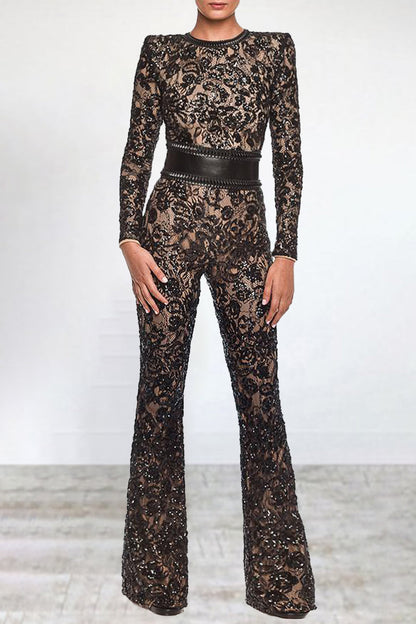 Celebrities Lace Patchwork With Belt O Neck Regular Jumpsuits