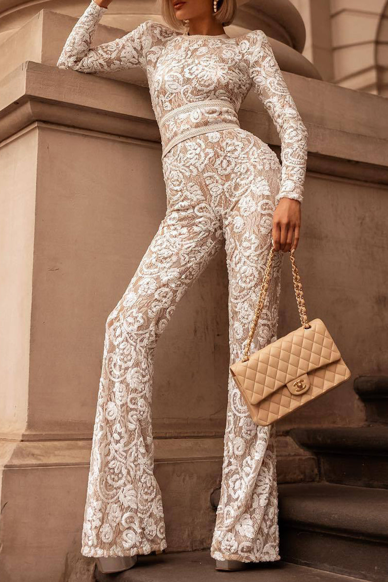 Celebrities Lace Patchwork With Belt O Neck Regular Jumpsuits