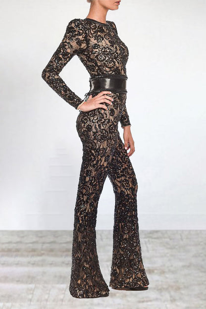 Celebrities Lace Patchwork With Belt O Neck Regular Jumpsuits