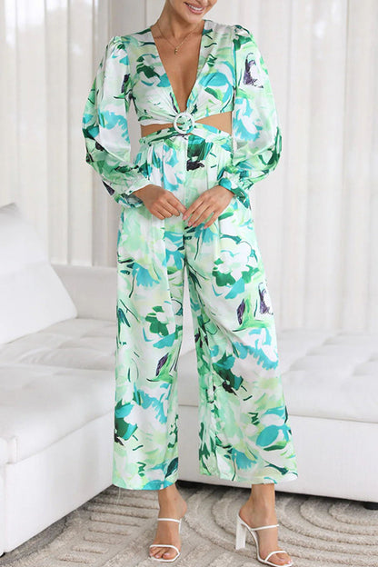 Sweet Print Patchwork V Neck Loose Jumpsuits