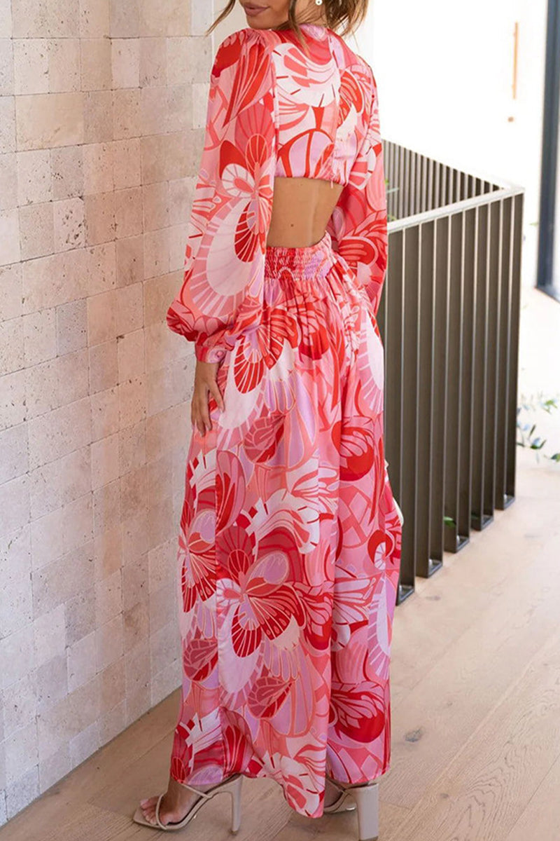 Sweet Print Patchwork V Neck Loose Jumpsuits