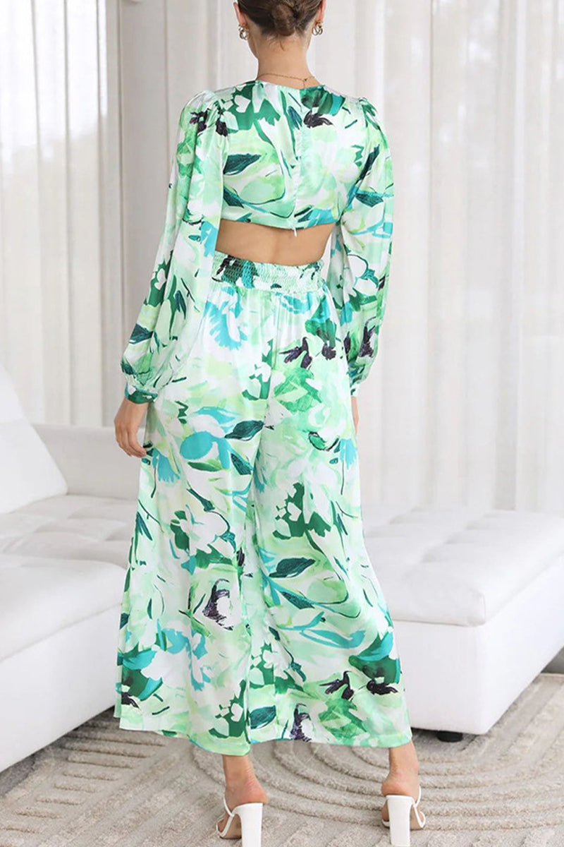 Sweet Print Patchwork V Neck Loose Jumpsuits