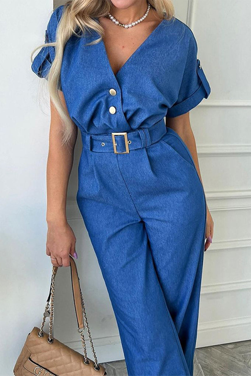 Work Street With Belt V Neck Regular Jumpsuits