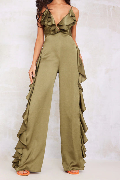 Backless Flounce V Neck Loose Jumpsuits