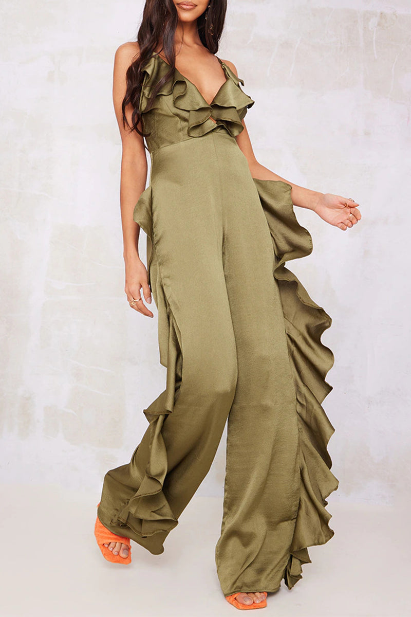 Backless Flounce V Neck Loose Jumpsuits