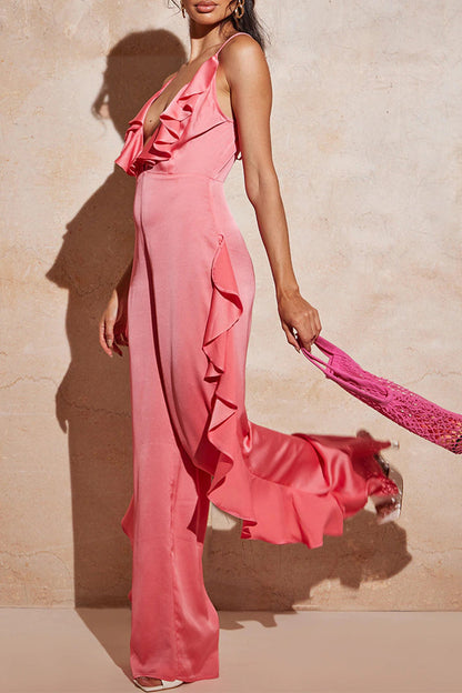Backless Flounce V Neck Loose Jumpsuits