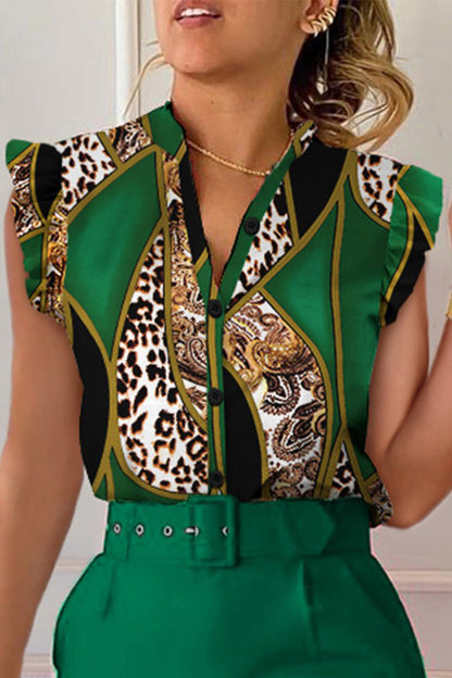 Celebrities Print Patchwork V Neck Blouses(8 Colors)