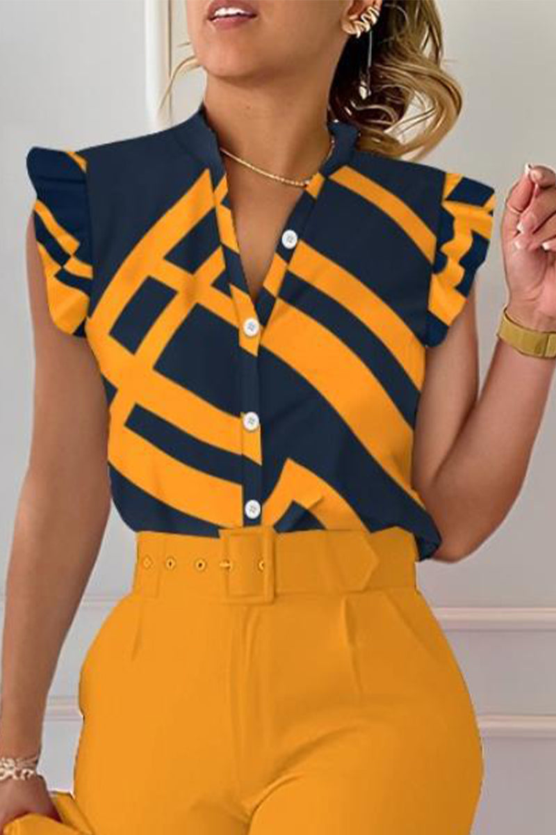 Celebrities Print Patchwork V Neck Blouses(8 Colors)