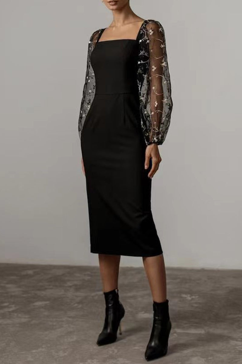 Embroidered Square Collar Wrapped Skirt Dresses