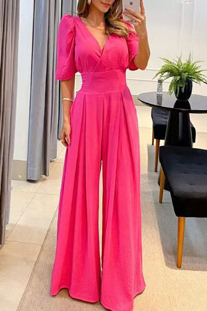 Pocket V Neck Straight Jumpsuits