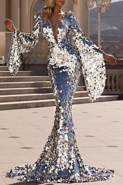 Formal Patchwork V Neck Wrapped Skirt Dresses