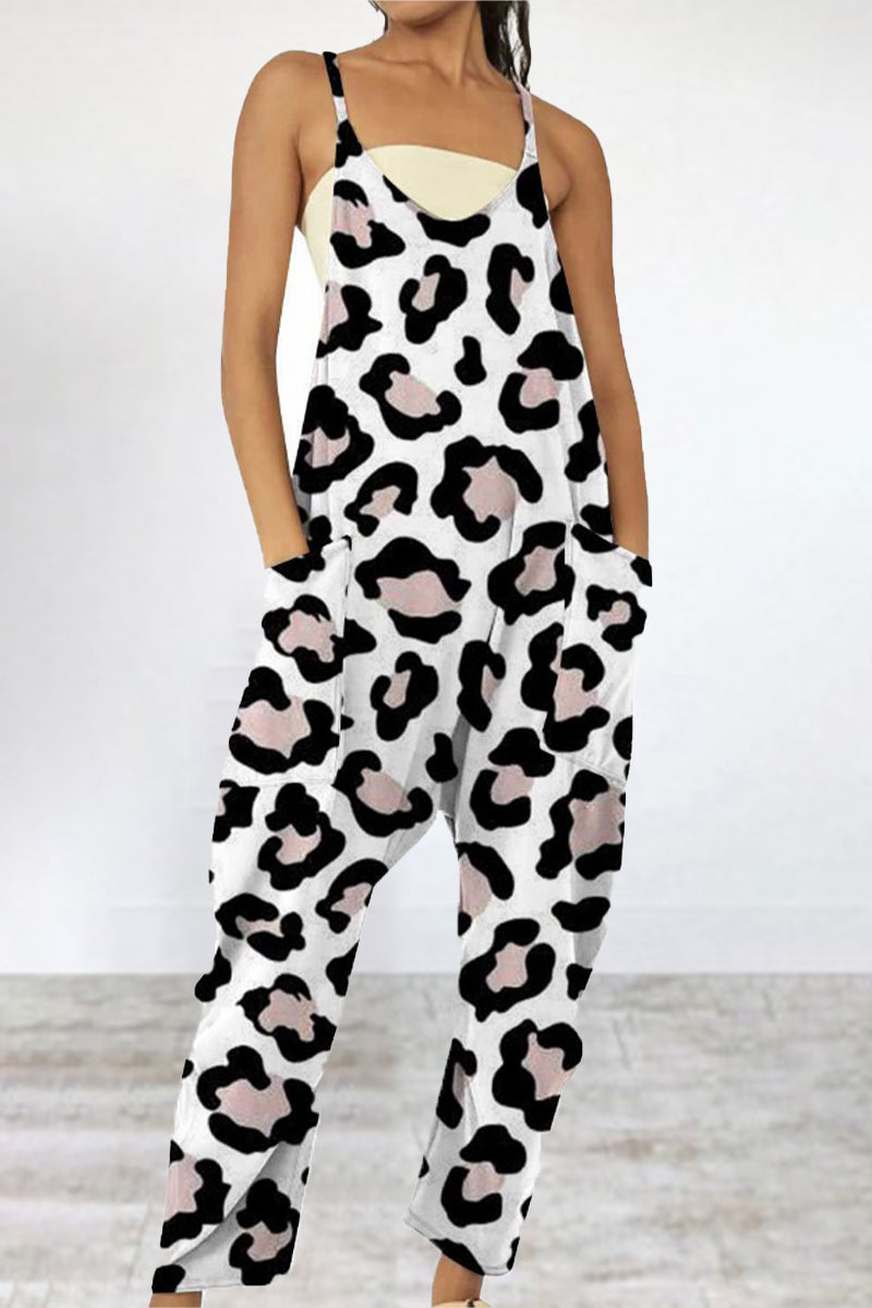 Print Patchwork Pocket V Neck Loose Jumpsuits