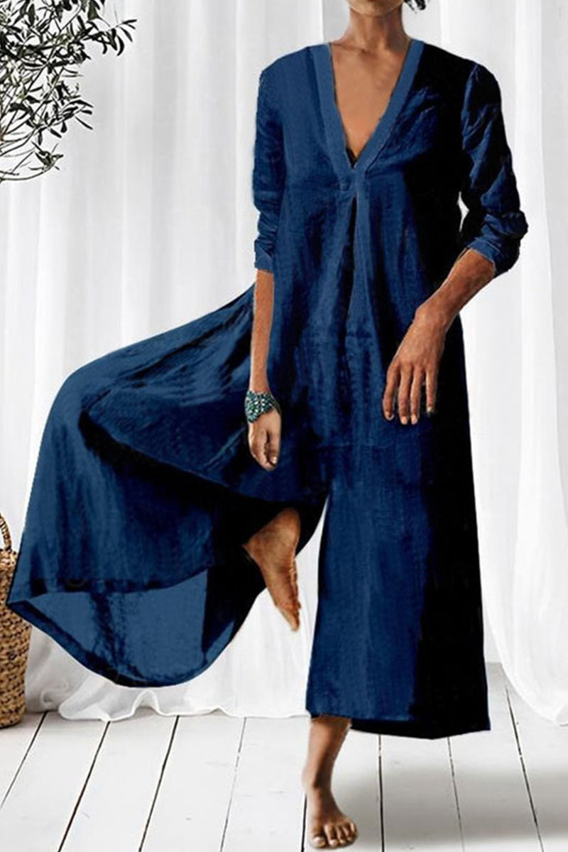 Simplicity Fold V Neck Loose Jumpsuits