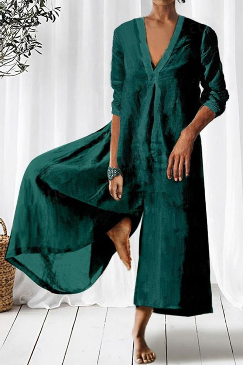 Simplicity Fold V Neck Loose Jumpsuits
