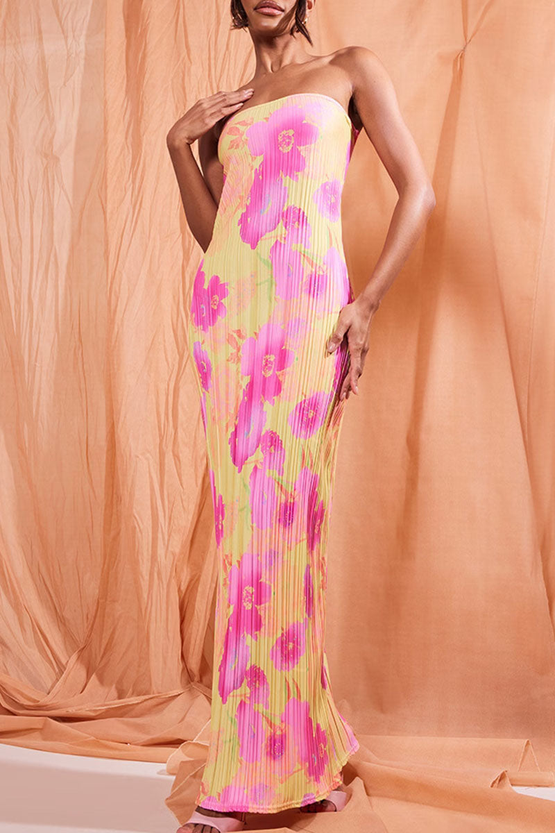 Print Patchwork Fold Strapless Pencil Skirt Dresses
