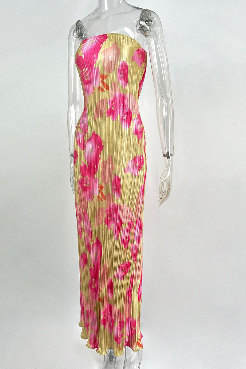Print Patchwork Fold Strapless Pencil Skirt Dresses