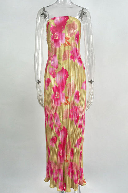 Print Patchwork Fold Strapless Pencil Skirt Dresses