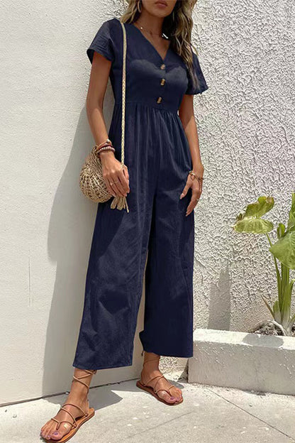 Buttons V Neck Loose Jumpsuits(5 Colors)