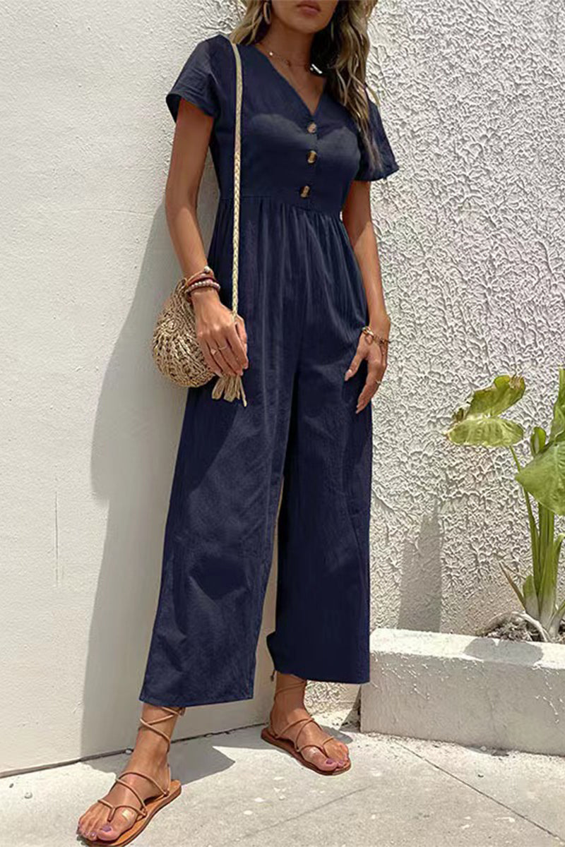 Buttons V Neck Loose Jumpsuits(5 Colors)