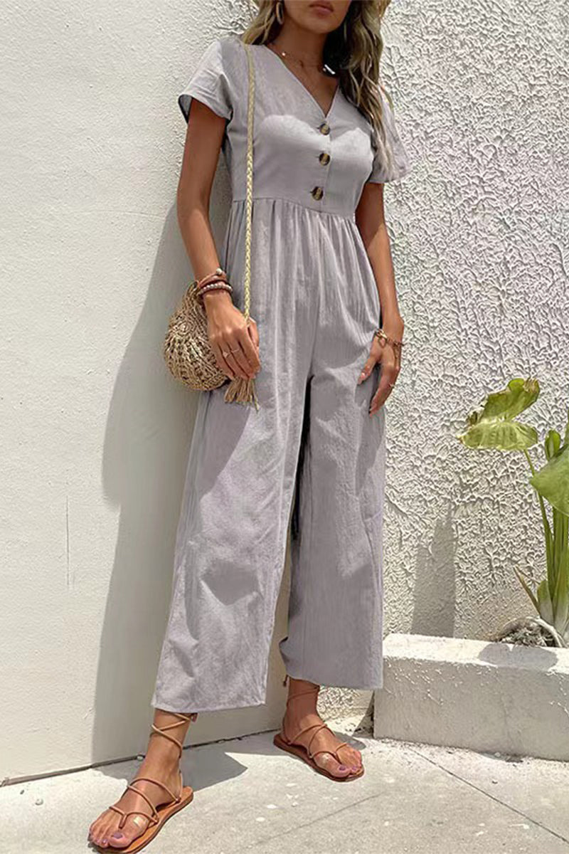 Buttons V Neck Loose Jumpsuits(5 Colors)