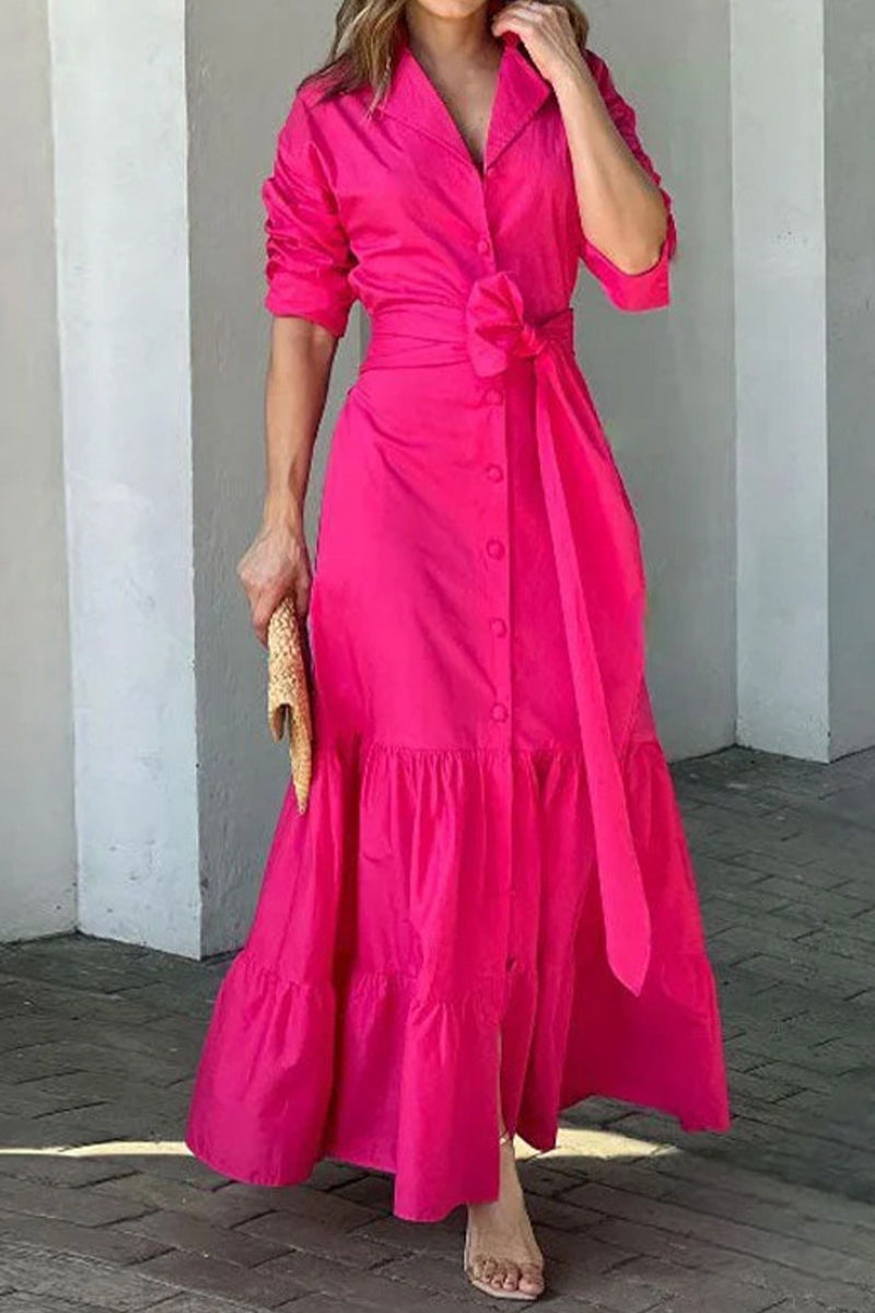 Bandage Shirt Collar Waist Skirt Dresses