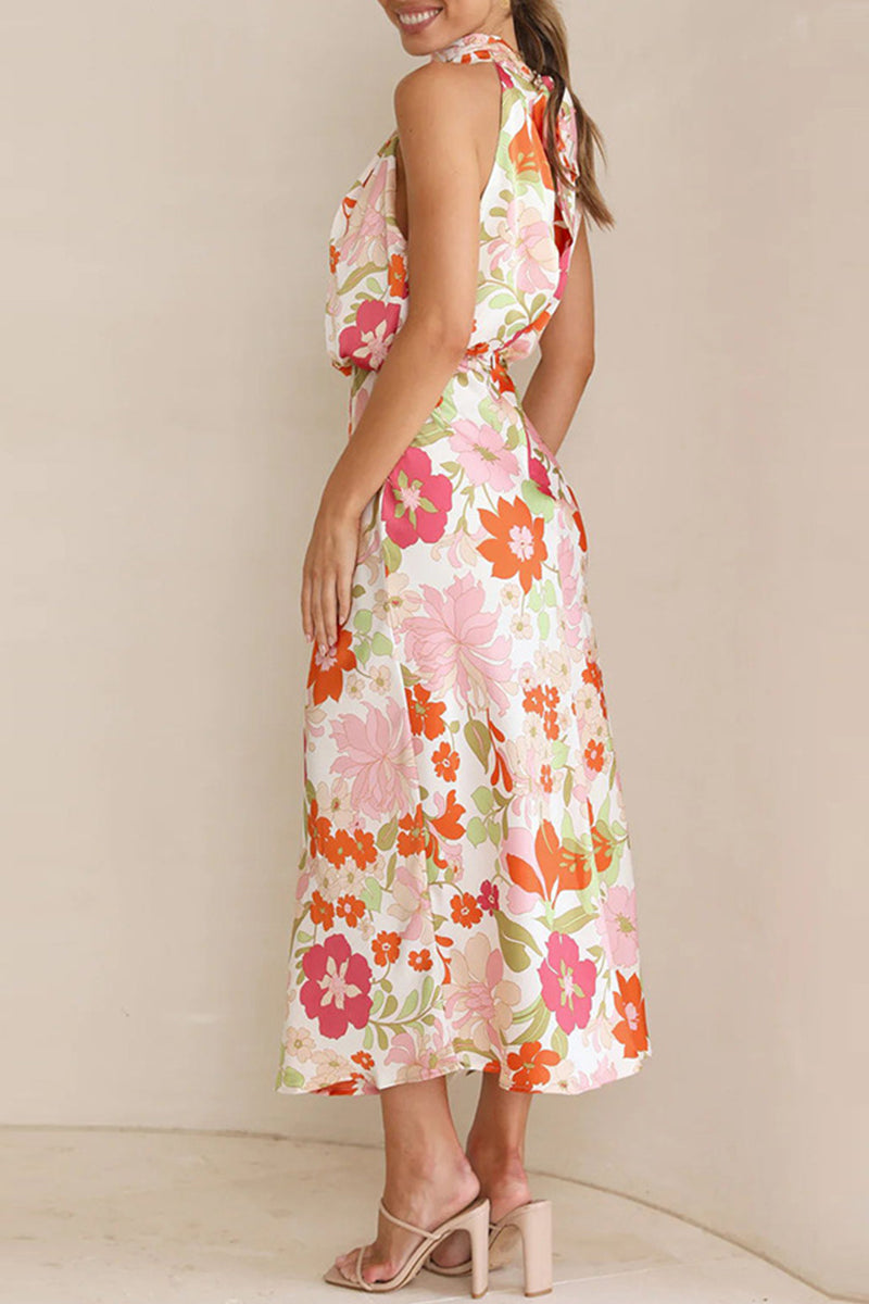 Celebrities Print Patchwork Asymmetrical Collar One Step Skirt Dresses