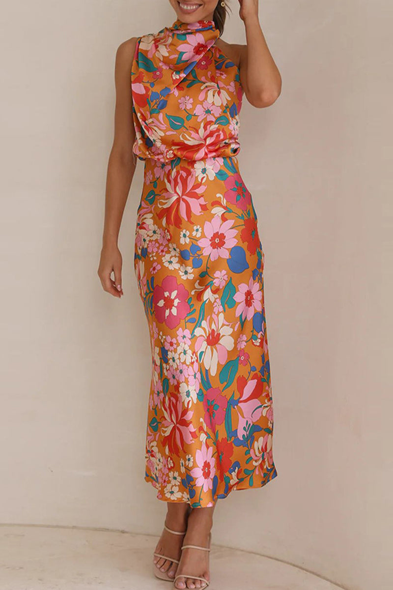 Celebrities Print Patchwork Asymmetrical Collar One Step Skirt Dresses