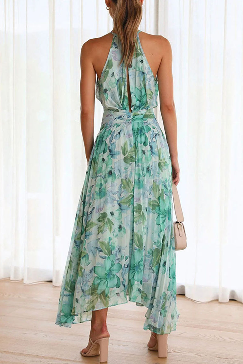 Print Fold Halter Waist Skirt Dresses