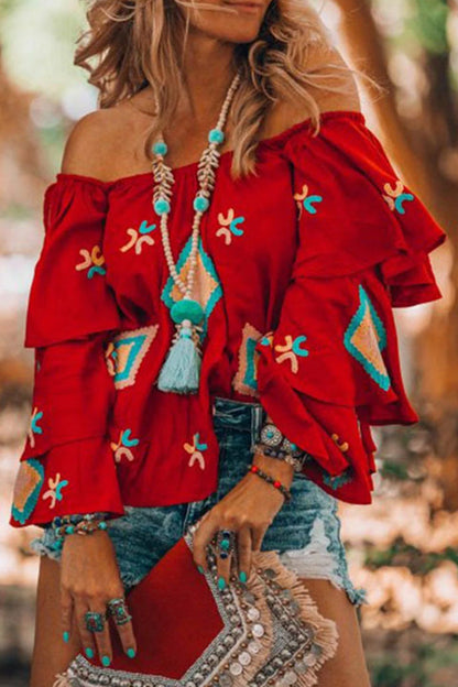 College Geometric Patchwork Off the Shoulder Blouses