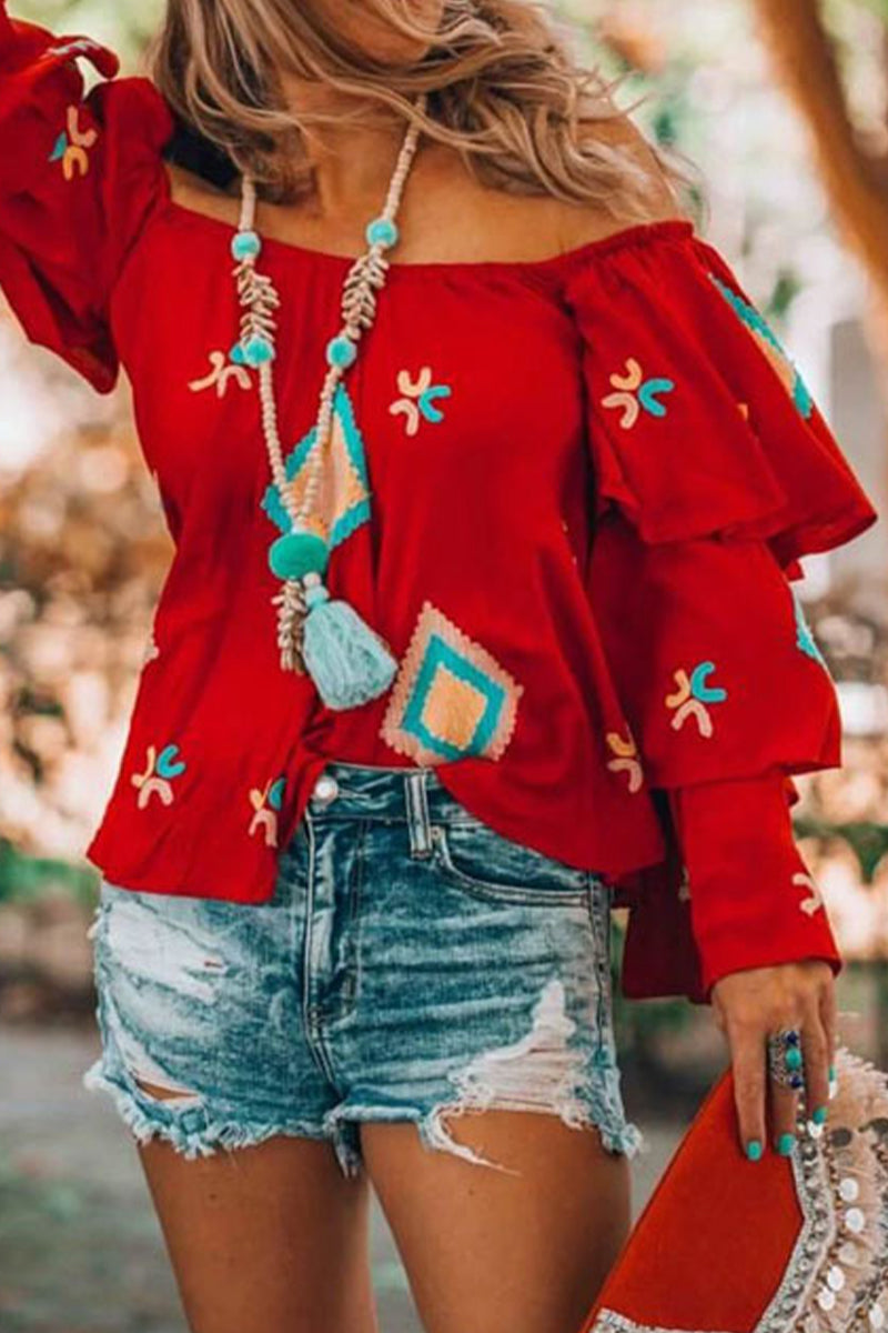 College Geometric Patchwork Off the Shoulder Blouses