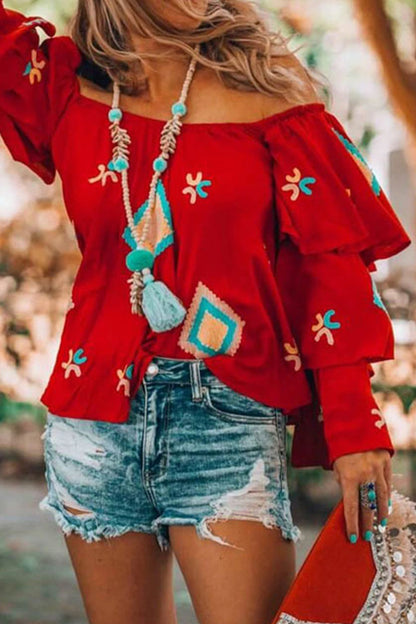 College Geometric Patchwork Off the Shoulder Blouses