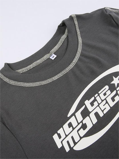Grey Sewn Short Sleeve T-shirt With Slogan