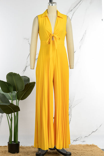 Bandage Hollowed Out Patchwork Fold Turndown Collar Straight Jumpsuits(4 Colors)