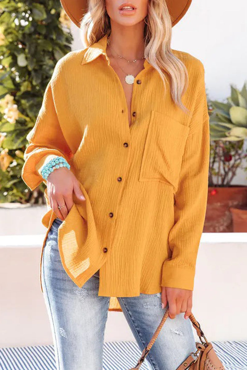 Pocket Turndown Collar Blouses(8 Colors)