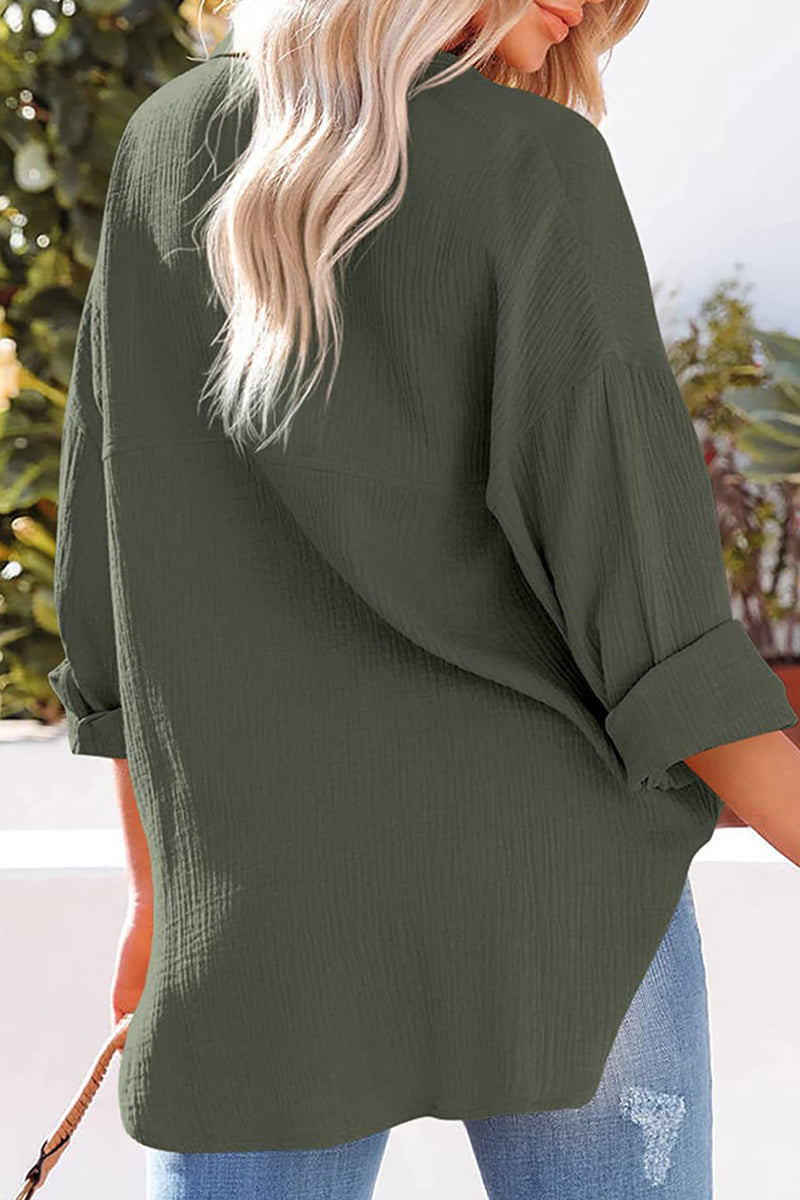 Pocket Turndown Collar Blouses(8 Colors)