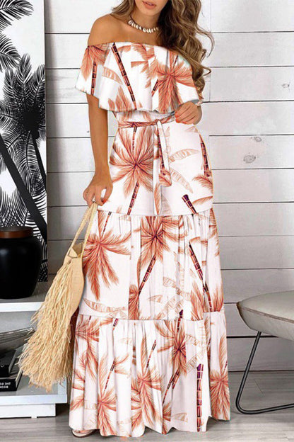 Print Frenulum Off the Shoulder Cake Skirt Dresses
