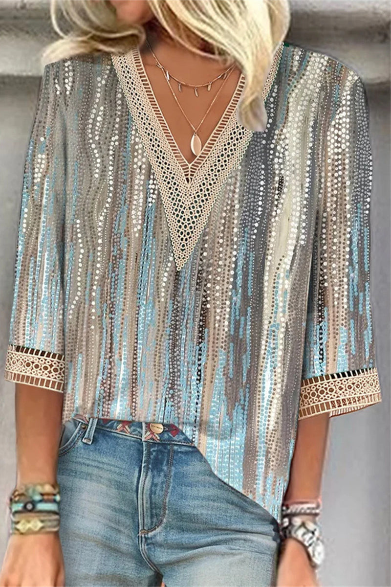 Street Print Patchwork V Neck T-shirts(6 Colors)
