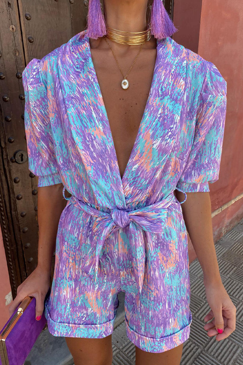 Print Bandage Turn-back Collar Loose Rompers