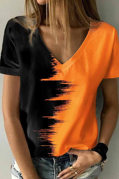 Street Print Patchwork V Neck T-shirts
