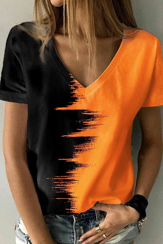 Street Print Patchwork V Neck T-shirts