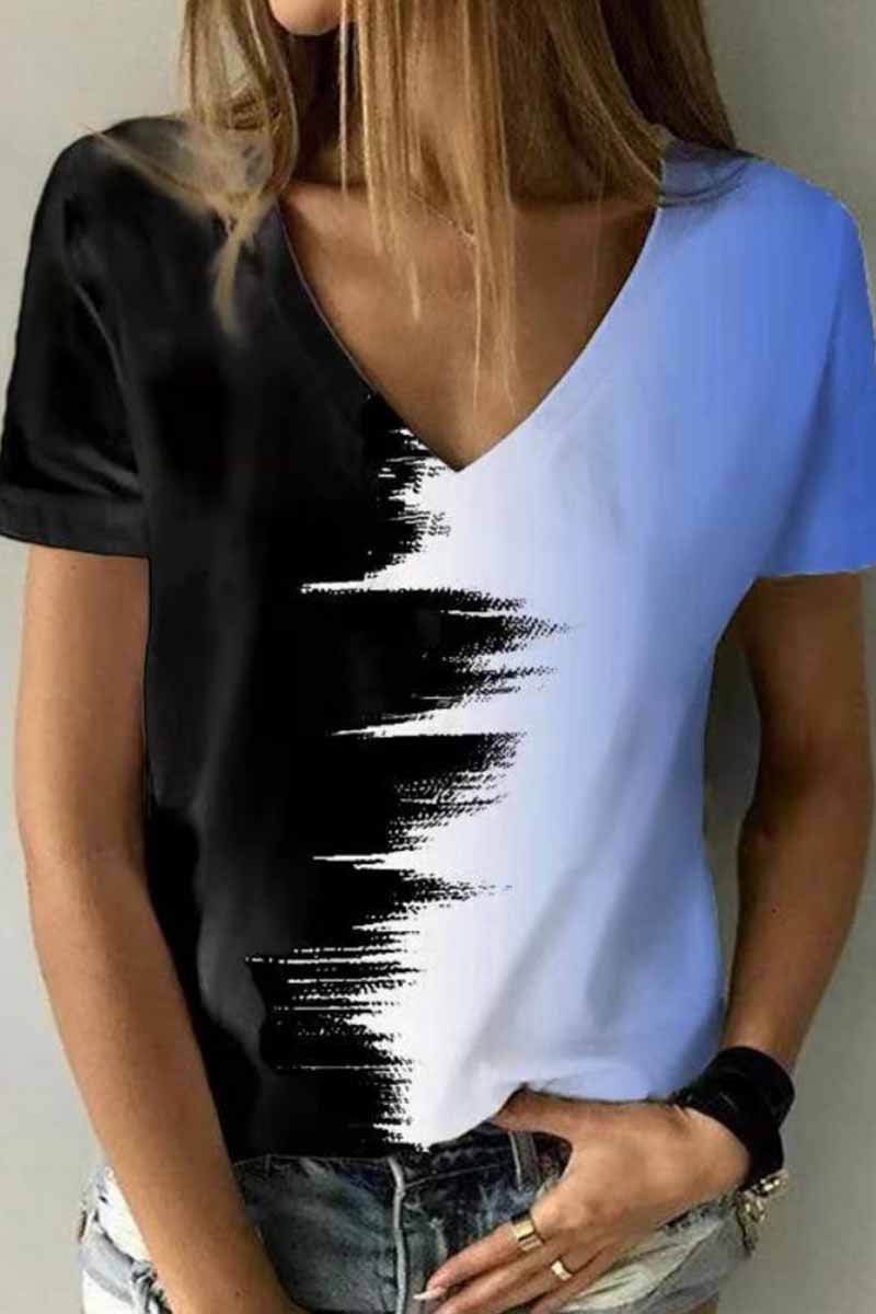 Street Print Patchwork V Neck T-shirts