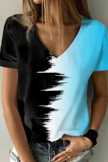 Street Print Patchwork V Neck T-shirts