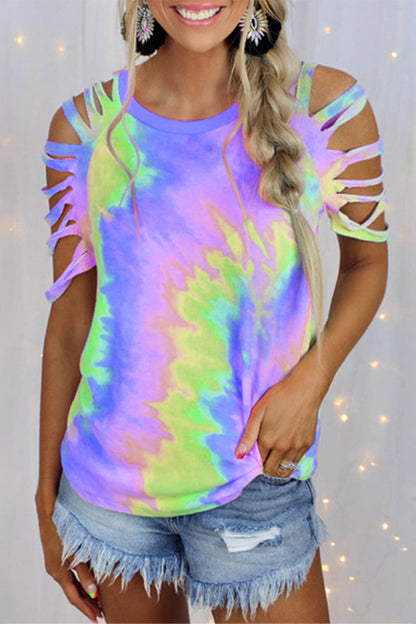 Tie Dye Hollowed Out Patchwork O Neck T-shirts