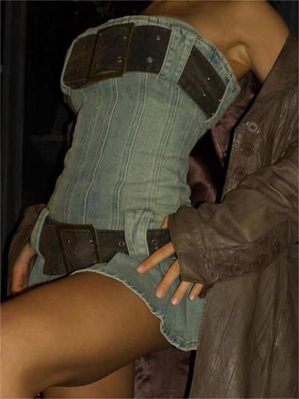 Strapless Denim Mini Dress With Belt