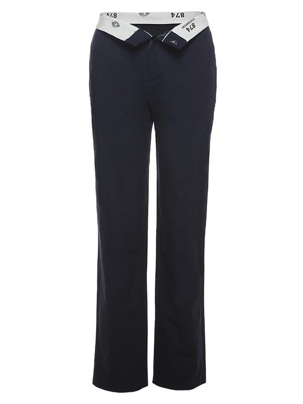 Dark Blue Straight Leg Pants With Foldable Waist Design